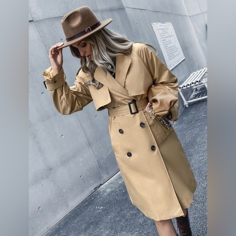 Solid Double Breasted Belted Trench Coat